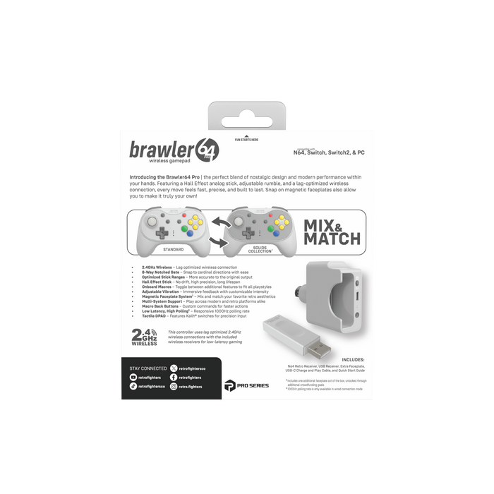 Brawler64 N64 Pro Series Wireless Controller [Grey] - N64 / Switch / Switch 2 / PC (PRE-ORDER)