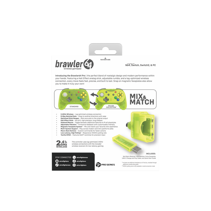 Brawler64 N64 Pro Series Wireless Controller [Extreme Green] - N64 / Switch / Switch 2 / PC (PRE-ORDER)