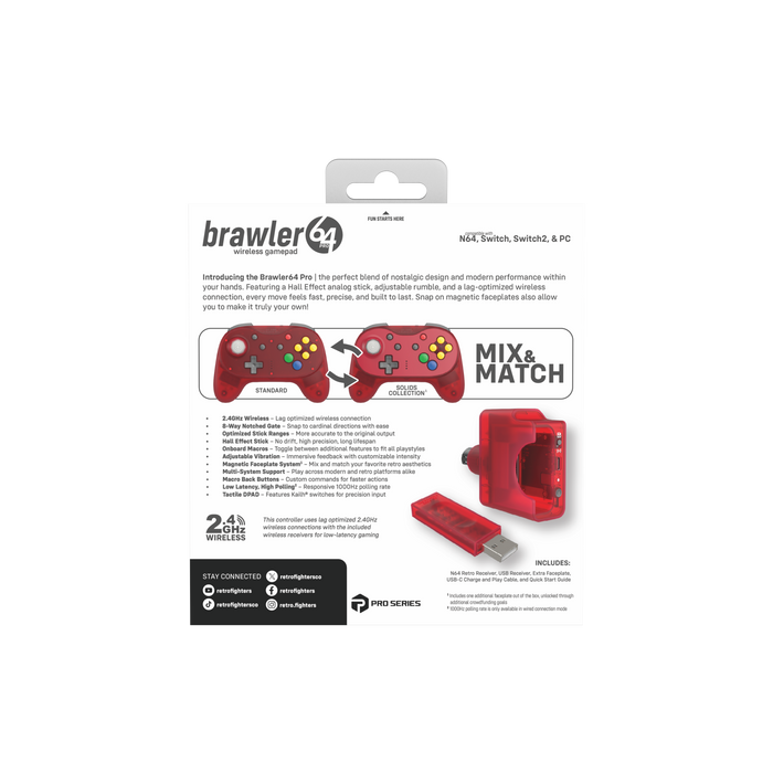 Brawler64 N64 Pro Series Wireless Controller [Watermelon Red] - N64 / Switch / Switch 2 / PC (PRE-ORDER)