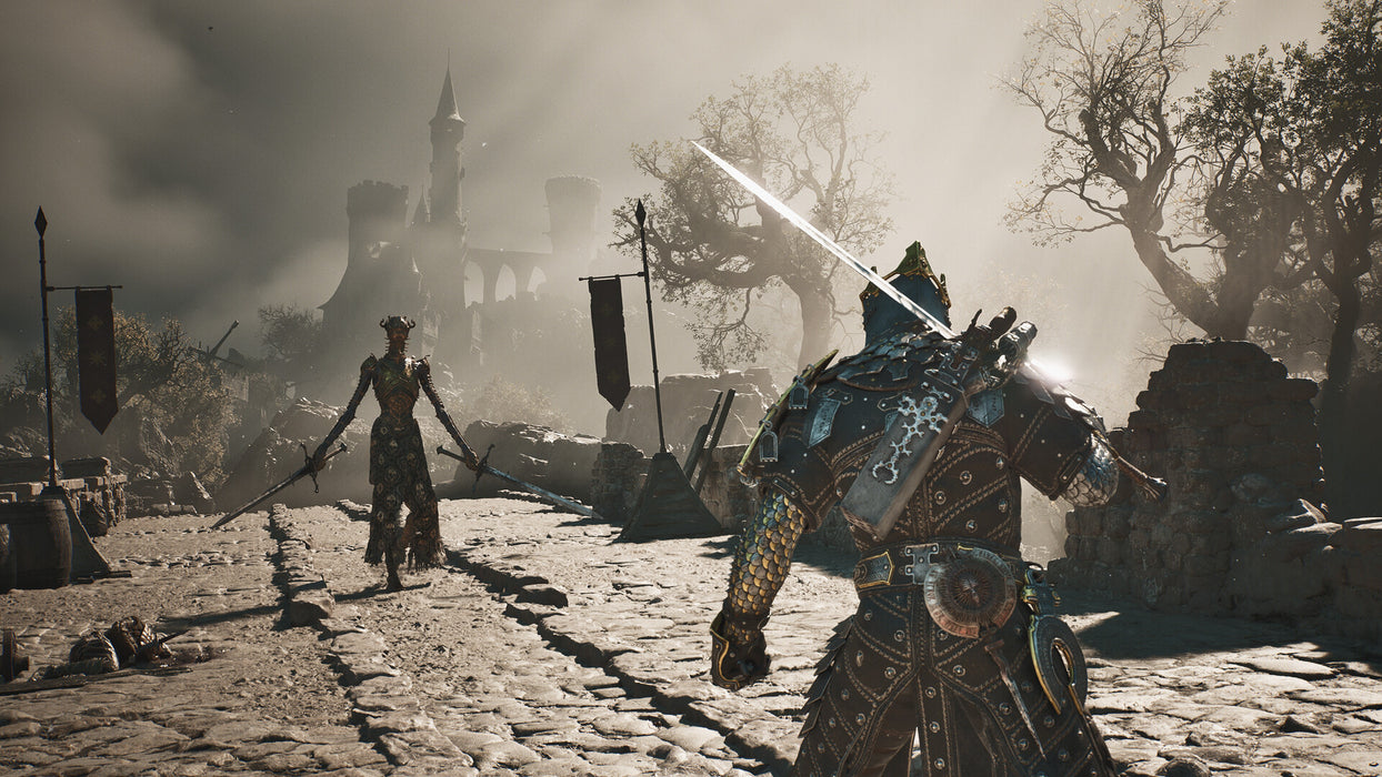 Mortal Shell II armored character in a ruined outdoor combat area