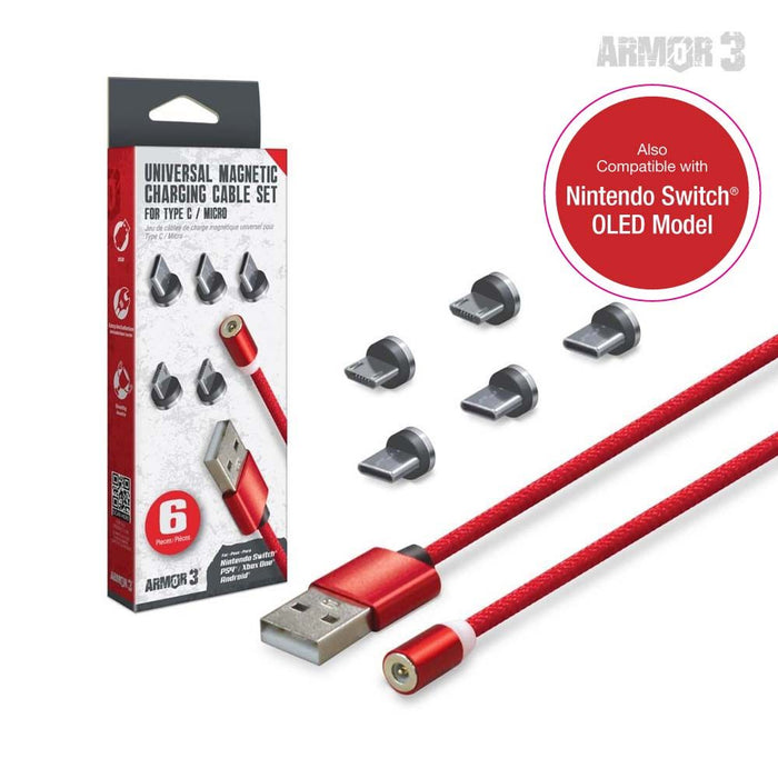 Universal Magnetic Charging Cable Set 6 Pcs (Armor 3) (red) - Android / Xbox One® / Nintendo Switch® / Nintendo Switch® Lite / PS4® / PS Vita Family / PS Vita 2000
